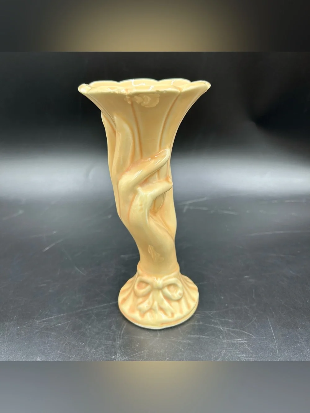 Vintage USA Pottery Hand Holding Tulip Vase Peach Ivory Ceramic 7 Inch Floral